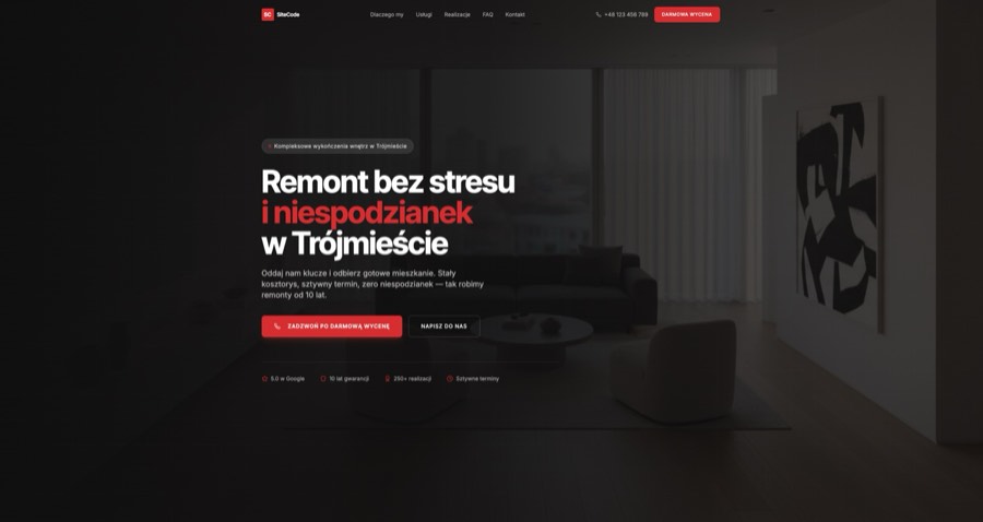 Zrzut ekranu strony: Remont bez stresu i niespodzianek w Trójmieście — wersja dark mode
