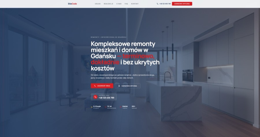Zrzut ekranu strony: Kompleksowe remonty mieszkań i domów w Gdańsku — wersja premium gradient